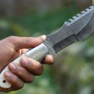 Tracker knife, Handmade Damascus Steel Full Tang Knife with Bone Handle and Leather Sheath