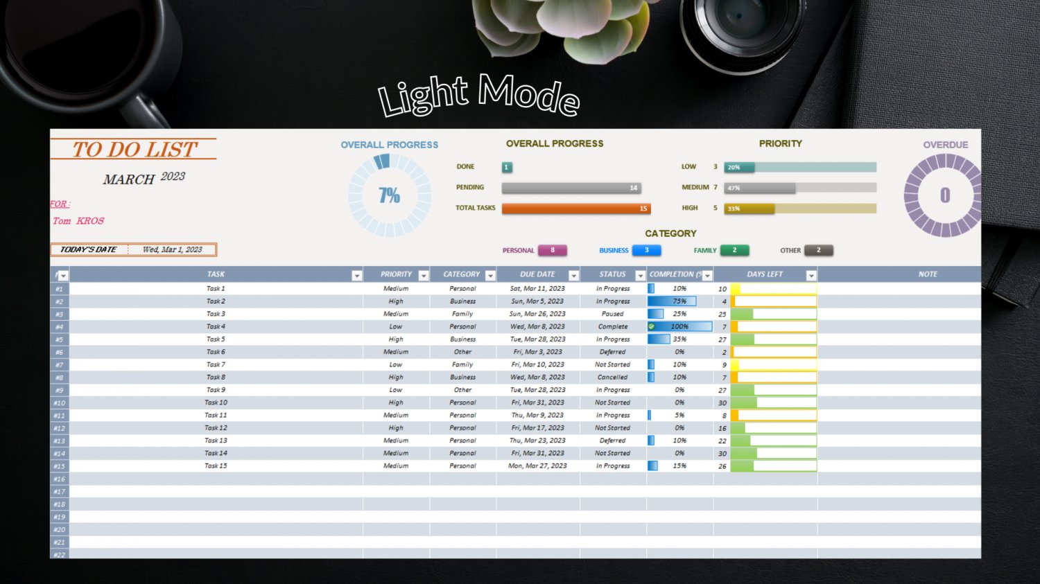 Excel To Do List Template, Daily Task Planner Spreadsheet, Digital Task ...