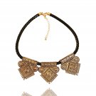 Ethnic Boho Style Gold Tone Filigree And Braided Faux Leather Necklace