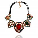 Jewel Tone Rhinestone Bib Style Statement Party Necklace Enamel Chain