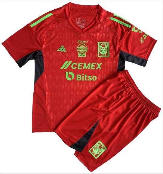 Kids Tigres UANL Red Goalkeeper Shirt Jersey Kit 23-24 Youth Soccer Football 2023-2024