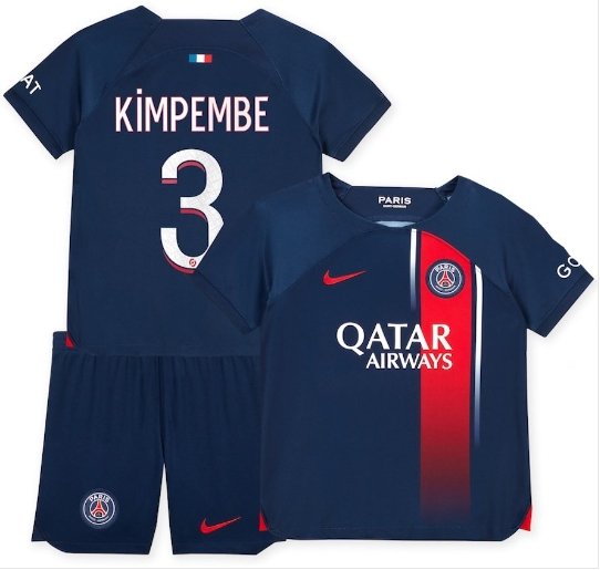 KIMPEMBE #3 Paris Saint Germain Kids Home Shirt Jersey Kit 23-24 Youth Soccer Football 2023-2024