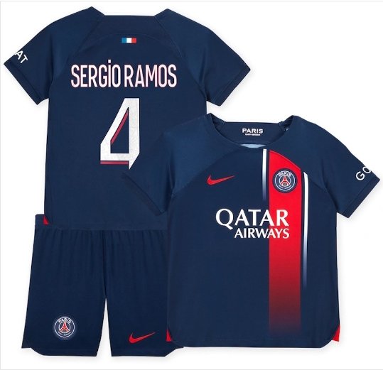 SERGIO RAMOS #4 Paris Saint Germain Kids Home Shirt Jersey Kit 23-24 Youth Soccer Football 2023-2024