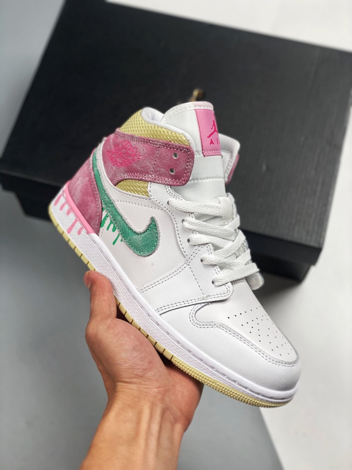 jordan 1 mid gs &Atilde;&cent;&Acirc;�&Acirc;�paint drip&Atilde;&cent;&Acirc;�&Acirc;� whitepinkyellowgreen dd1666-100
