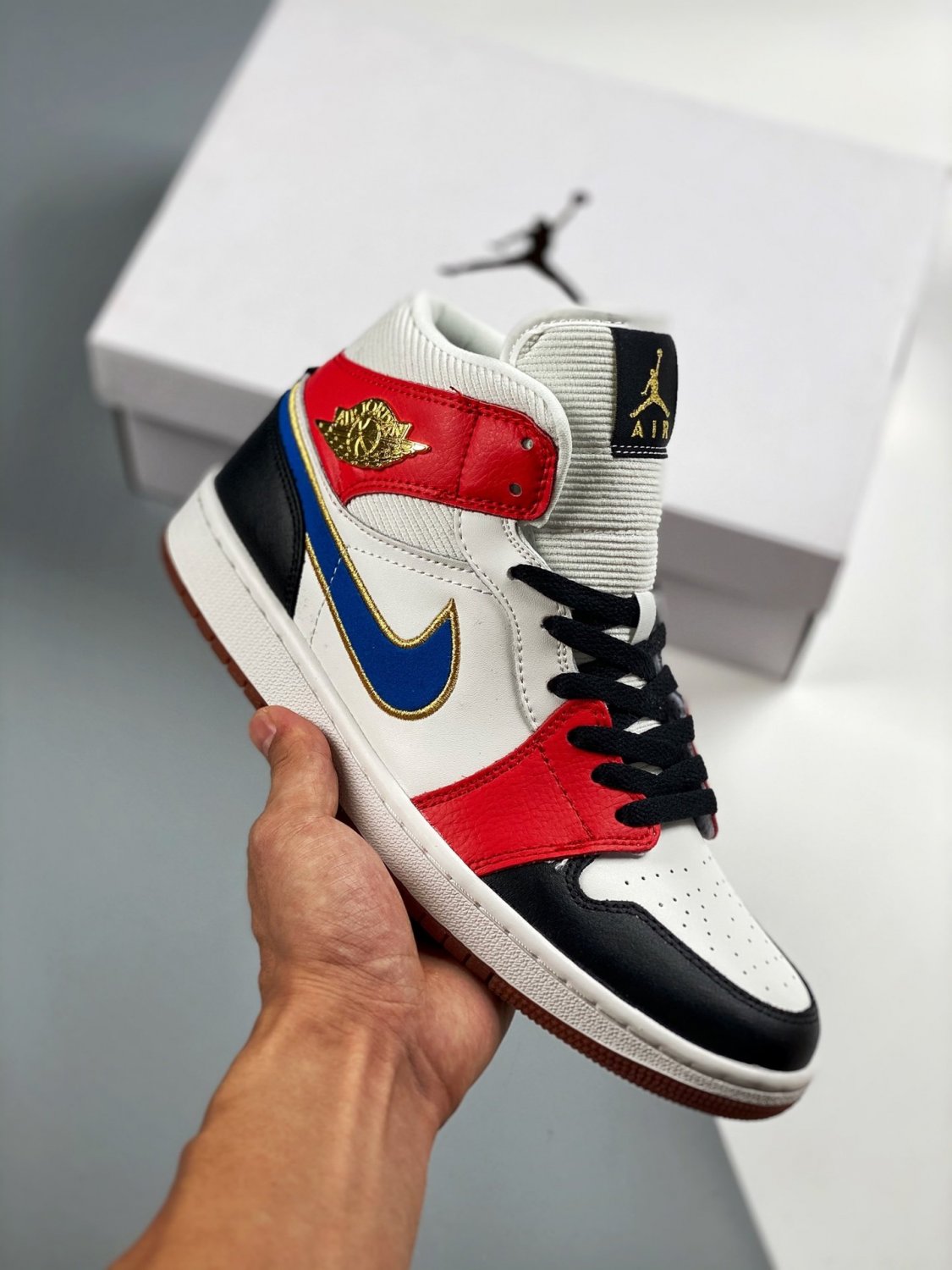 jordan 1 mid sail red black blue gold dc1426-100
