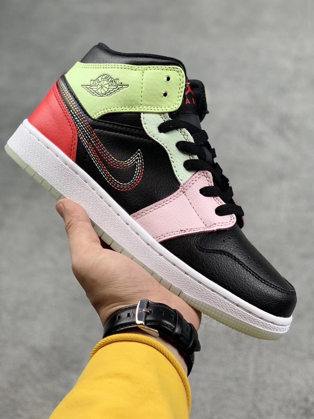 glow in the darkjordan 1 mid gs pink yellow crimson