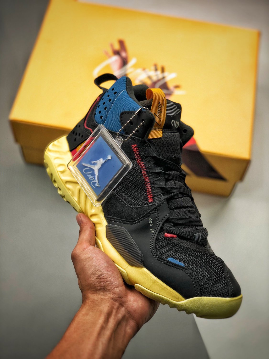 union x jordan delta mid off noirbrigade blue-dark smoke grey-light fusion red
