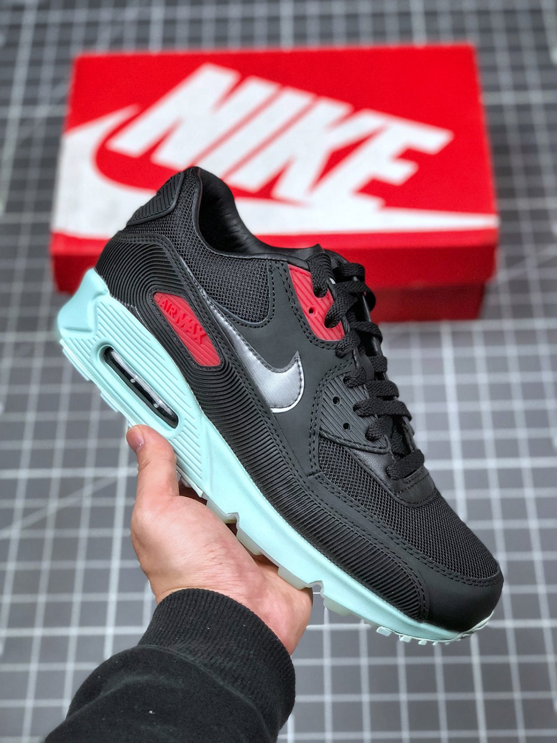 nike air max 90 premium vinyl blackcool grey-teal tint-university red