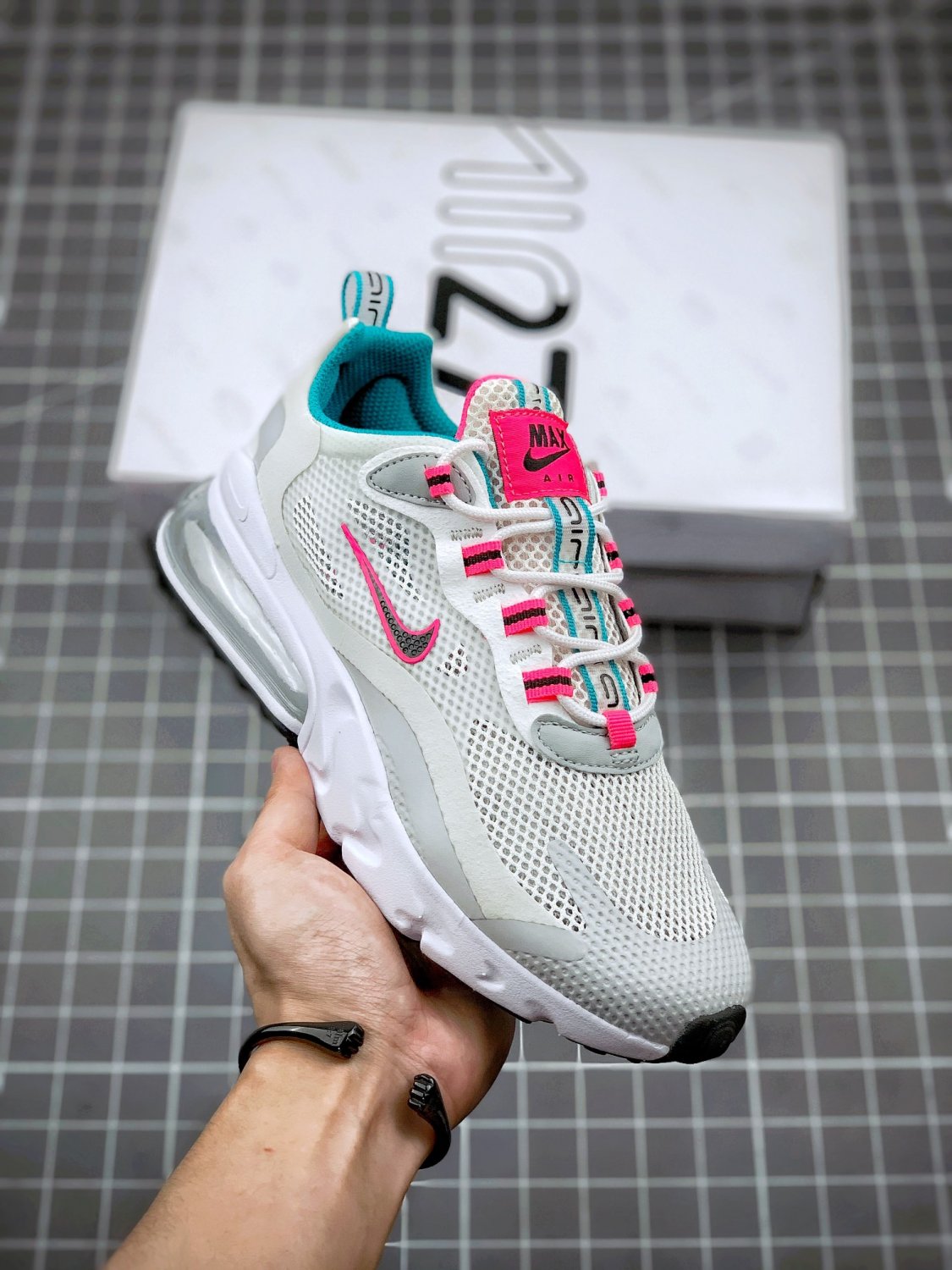 nike air max 270 react white teal and pink