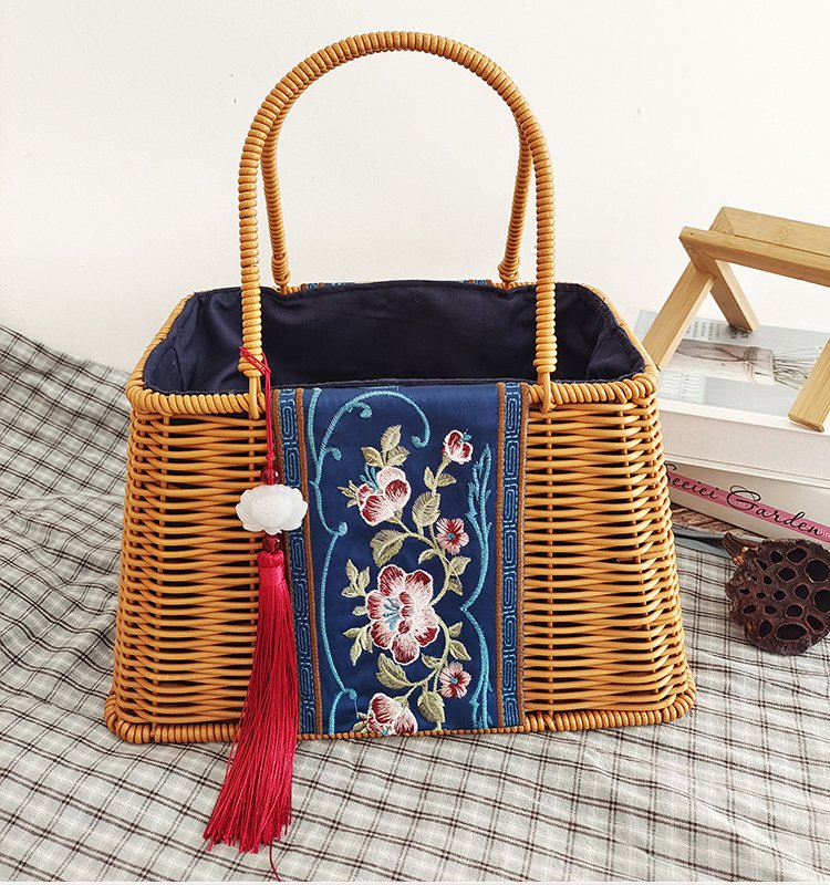 Rattan tote embroidered travel resort beach bag