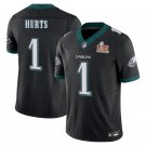Men's Eagles #1 Jalen Hurts Black Super Bowl LIX Stitched Jersey