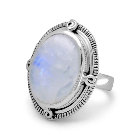Sterling Silver Swirl Large Rainbow Moonstone Ring - Sizes 6 to 10