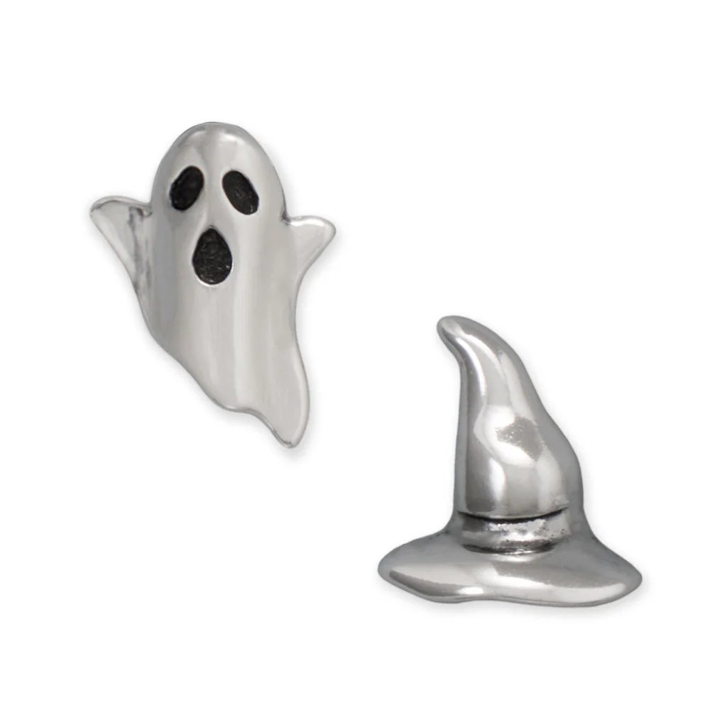 Sterling Silver Halloween Stud Earrings Ghost and Witch Hat Earrings Pair
