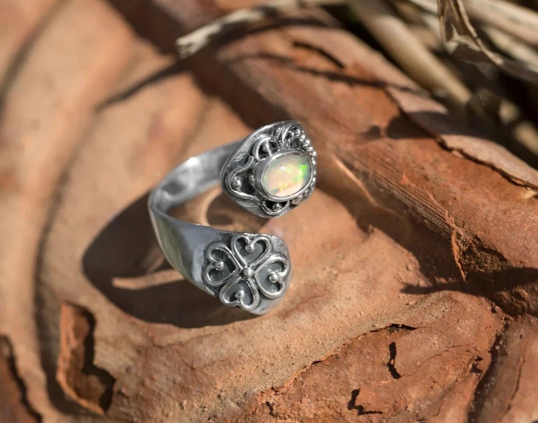 Oval Ethiopian Opal Sterling Silver Ring Adjustable Ring Sizes 5-9 Gift