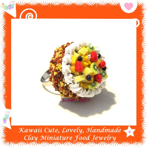 FOOD JEWELRY - HANDCRAFTED MINIATURE TROPICAL FRUIT CAKE PENDANT RING ECMFJ-RG2010