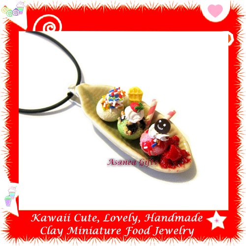 FOOD JEWELRY - HANDCRAFTED MINIATURE ICE CREAM SUNDAE PENDANT NECKLACE ECMFJ-PE1005