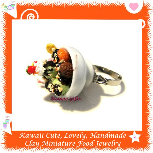 FOOD JEWELLERY - HANDCRAFTED NEOPOLITAN ICE CREAM BOWL PENDANT RING ECMFJ-RG3004