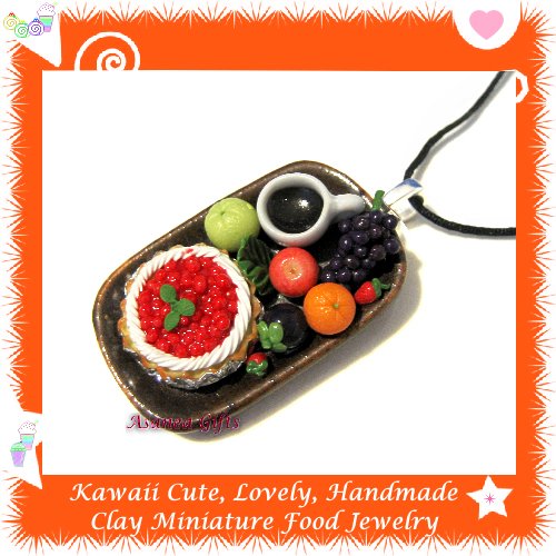 FOOD JEWELRY - LOVELY MINI CHERRY TART COFFEE AND FRUIT PENDANT NECKLACE ECMFJ-PE2001