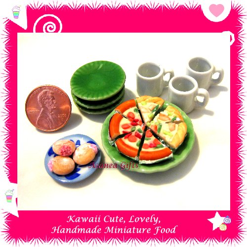PIZZA TIME SET - HANDMADE POLYMER CLAY FOOD FOR DOLLS HOUSE OR MINIATURISTS ECDMF-BK4001