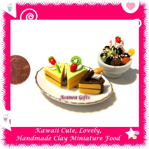 CAKE & ICE CREAM DESSERT SET - POLYMER CLAY FOOD FOR DOLLS HOUSE OR MINIATURISTS ECDMF-CK1002