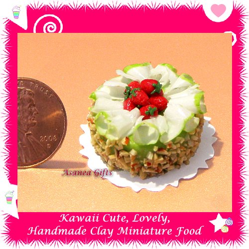 DOLLHOUSE MINIATURE GREEN TEA BIRTHDAY CAKE ALMOND NUT TOPPINGS W/ STRAWBERRY FRUIT (ECDMF-CK3014)