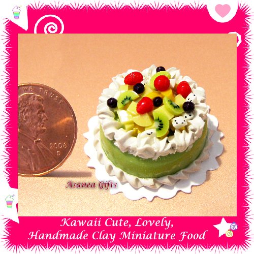 DOLLHOUSE MINIATURE GREEN TEA BIRTHDAY CAKE W/ TROPICAL FRUIT (ECDMF-CK3013)