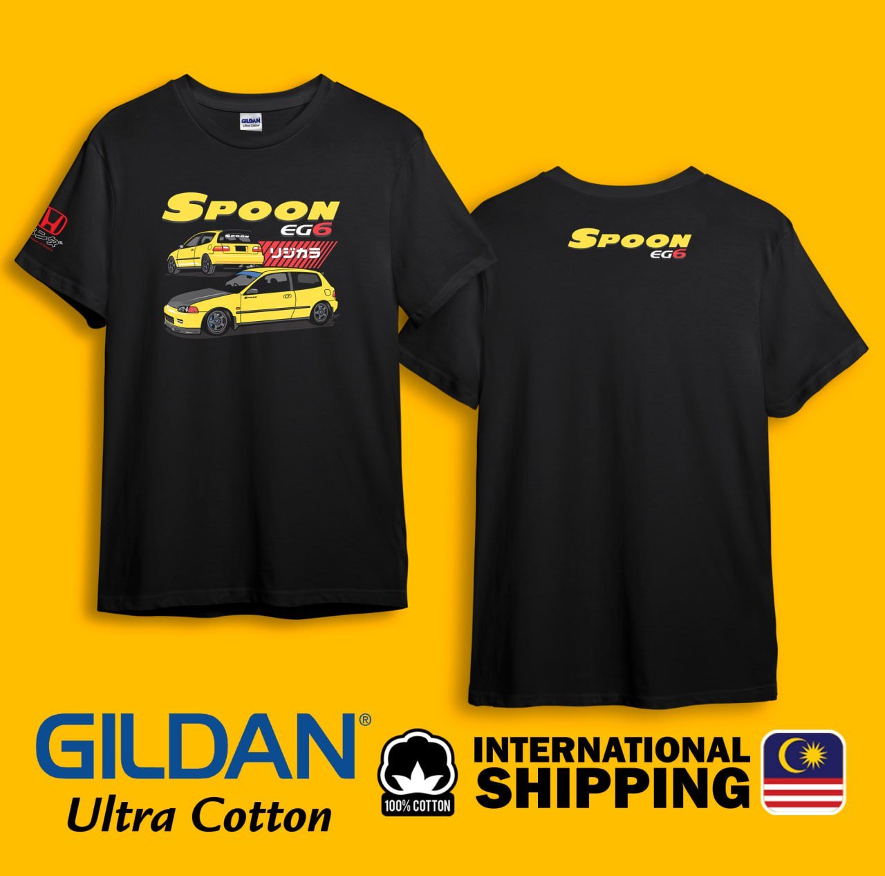 Honda Spoon Civic EG6 Type R Gildan Ultra Black Heavy Cotton T-shirt Size S-3XL
