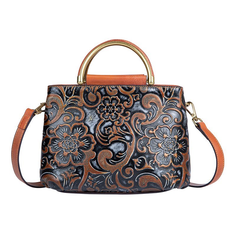 Retro Embossed Handbag Female Temperament First Layer Cowhide One-Shoulder Messenger Bag