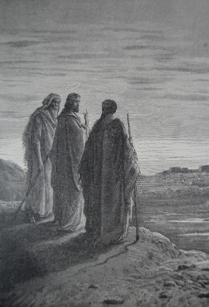 Antique Gustave Dore Art Print Jesus Journey to Emmaus Religious 1880
