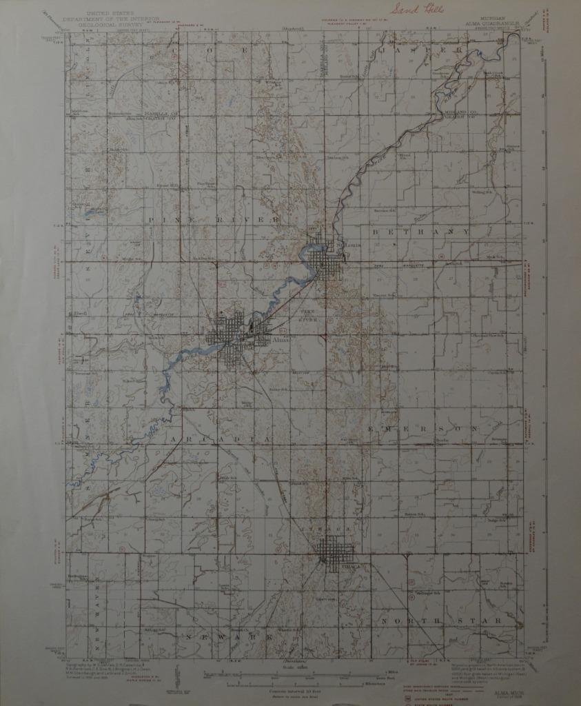 USGS Topographic Map Alma Michigan Antique Original Printed 1938 16x20 Art