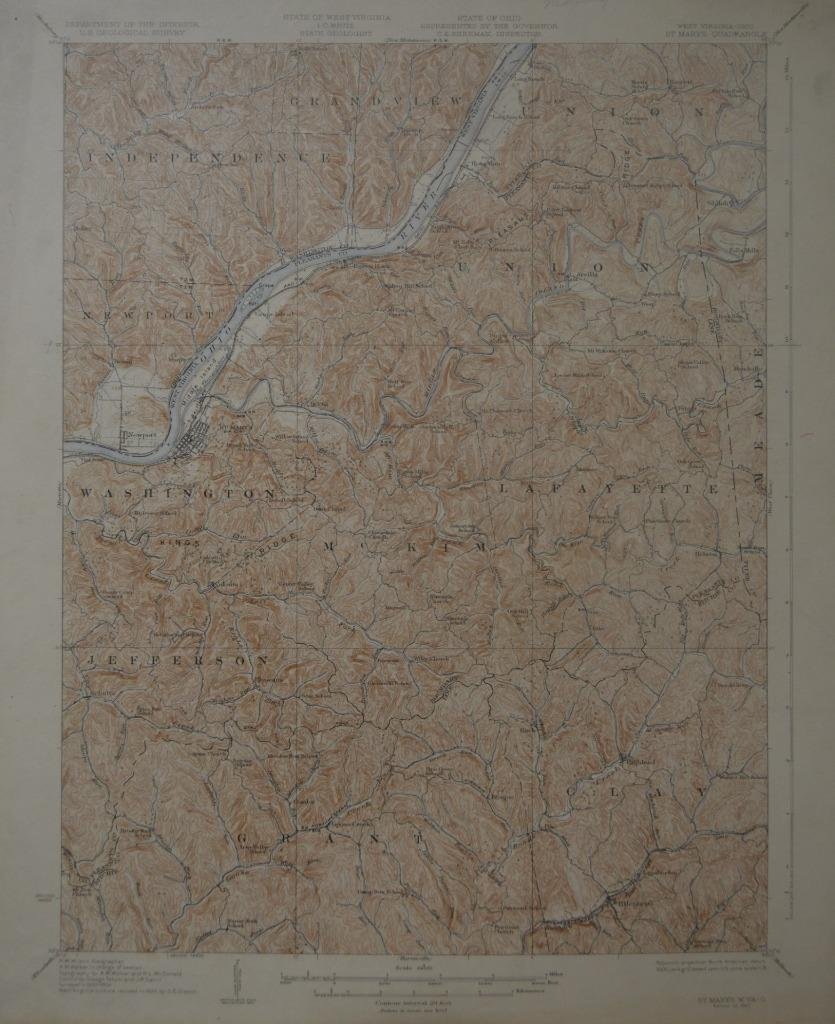 St Marys West Virginia Antique Original USGS Topographic Map 1927 16x20
