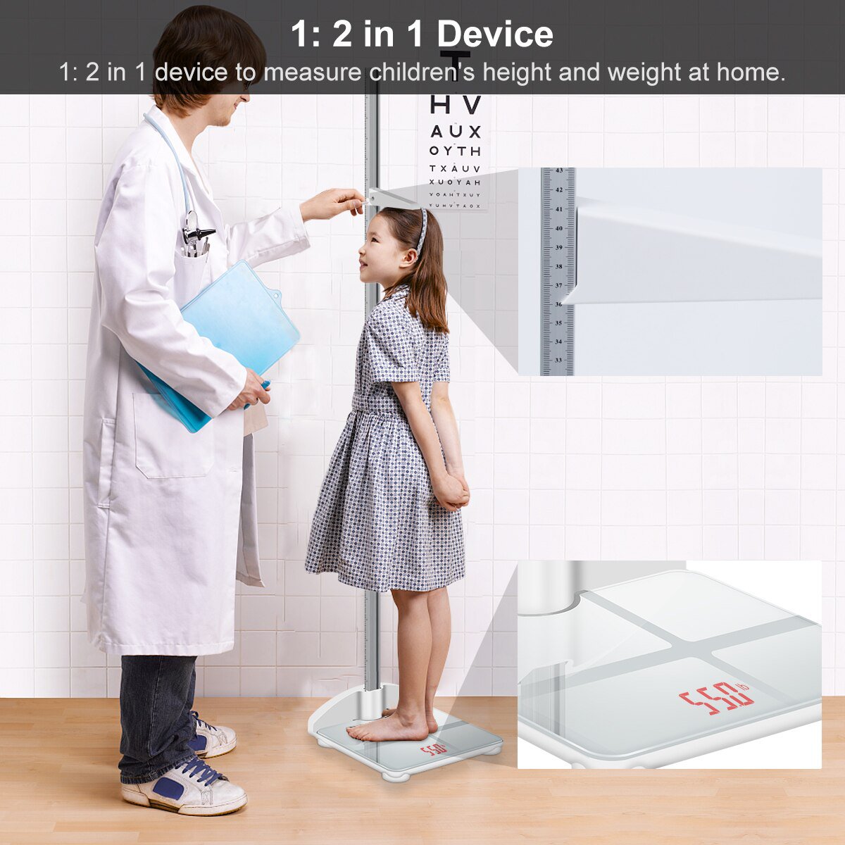 Height Rod Stadiometer Foldable Child Height Meter & Scale 2in1