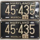 Vintage Maryland 1953 License Plate 45-435 (Pair)
