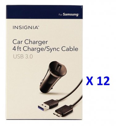 LOT 12x Insignia USB Car Charger with Micro USB 3.0 Cable - Black