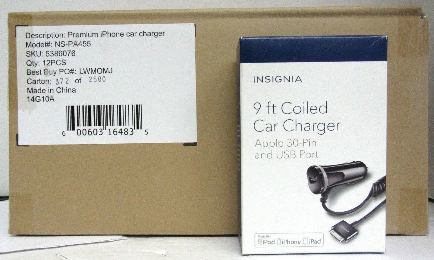 LOT OF 12x Insignia Apple 30-Pin Cable & USB Port 15W Car Charger