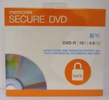 NEW Memorex 5PK Secure DVD Password Protected Encryption 4.6GB