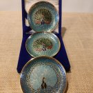 3 Brass Hand Painted Saucers with Peacocks Made in India In original box