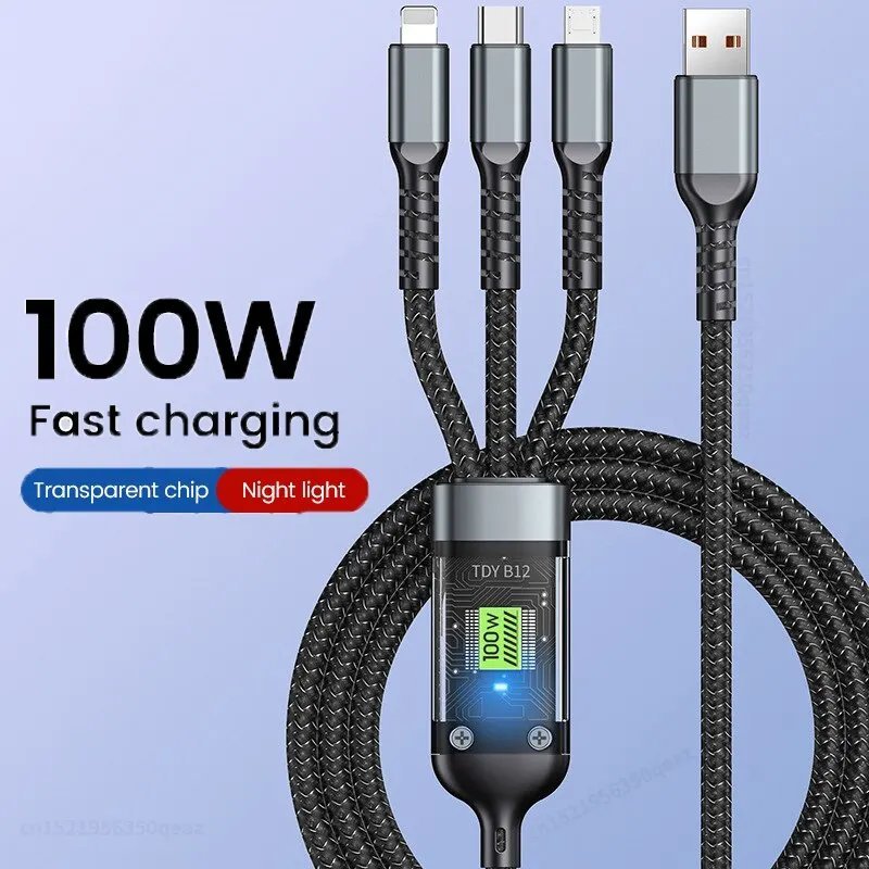 3 in 1 100w Type C Micro Usb Transparent Fast Charging Cable