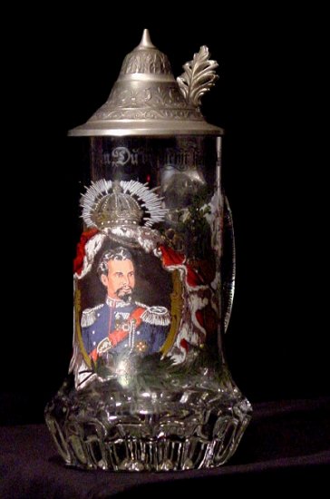 Vintage GERMAN Antique Glass Beer Stein w/ Pewter Lid * King Ludwig II * MINT