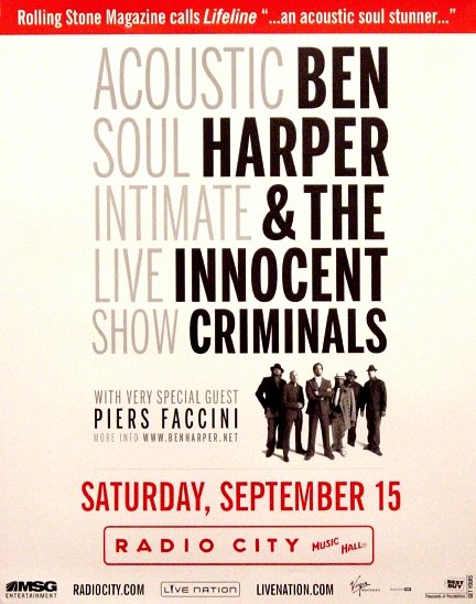 Ben Harper & THE INNOCENT CRIMINALS Original Concert Poster 2' x 3' Radio City NYC Rare 2007 Mint