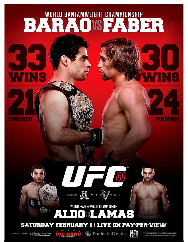 UFC 169 Barao vs. Faber II Mixed Martial Arts Championship Original Poster 2' x 3' Rare 2014 Mint