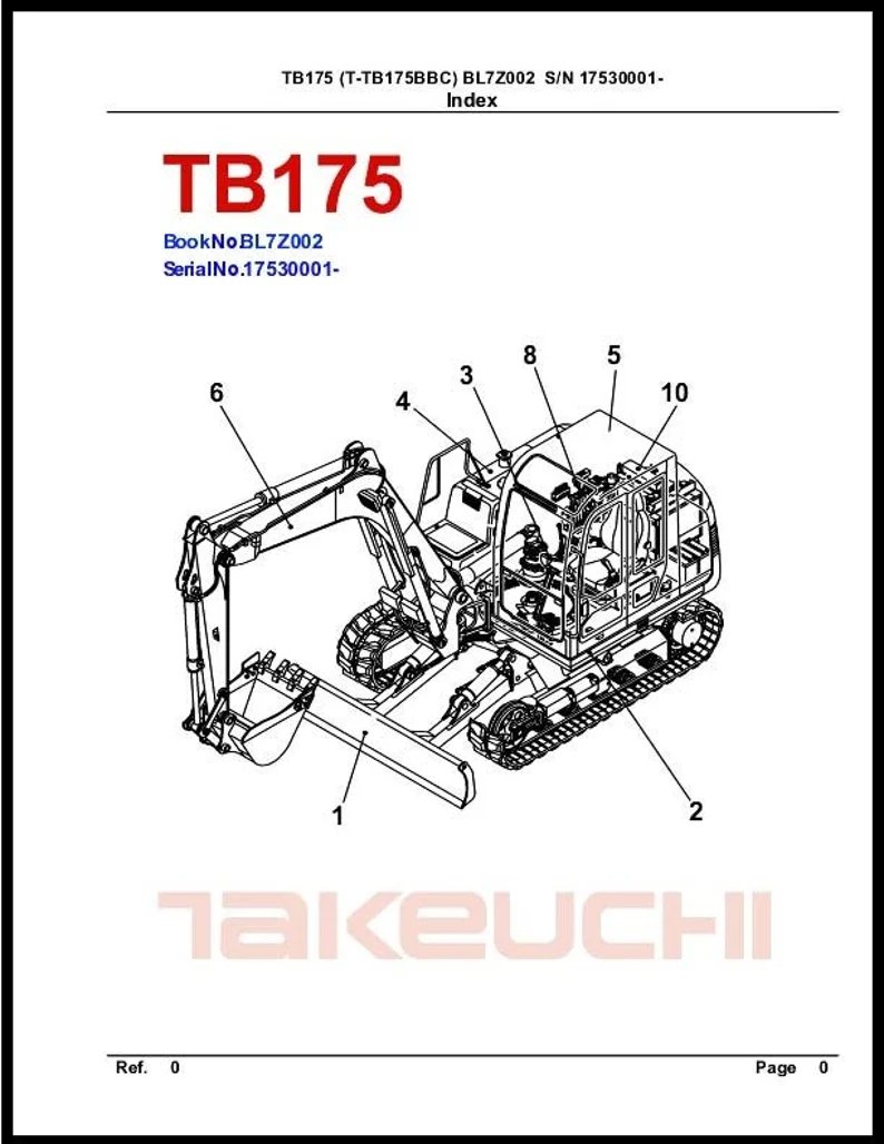 175 Tractor Parts Manual Fits TB175 Compact Excavator (SN 17530001 and up)
