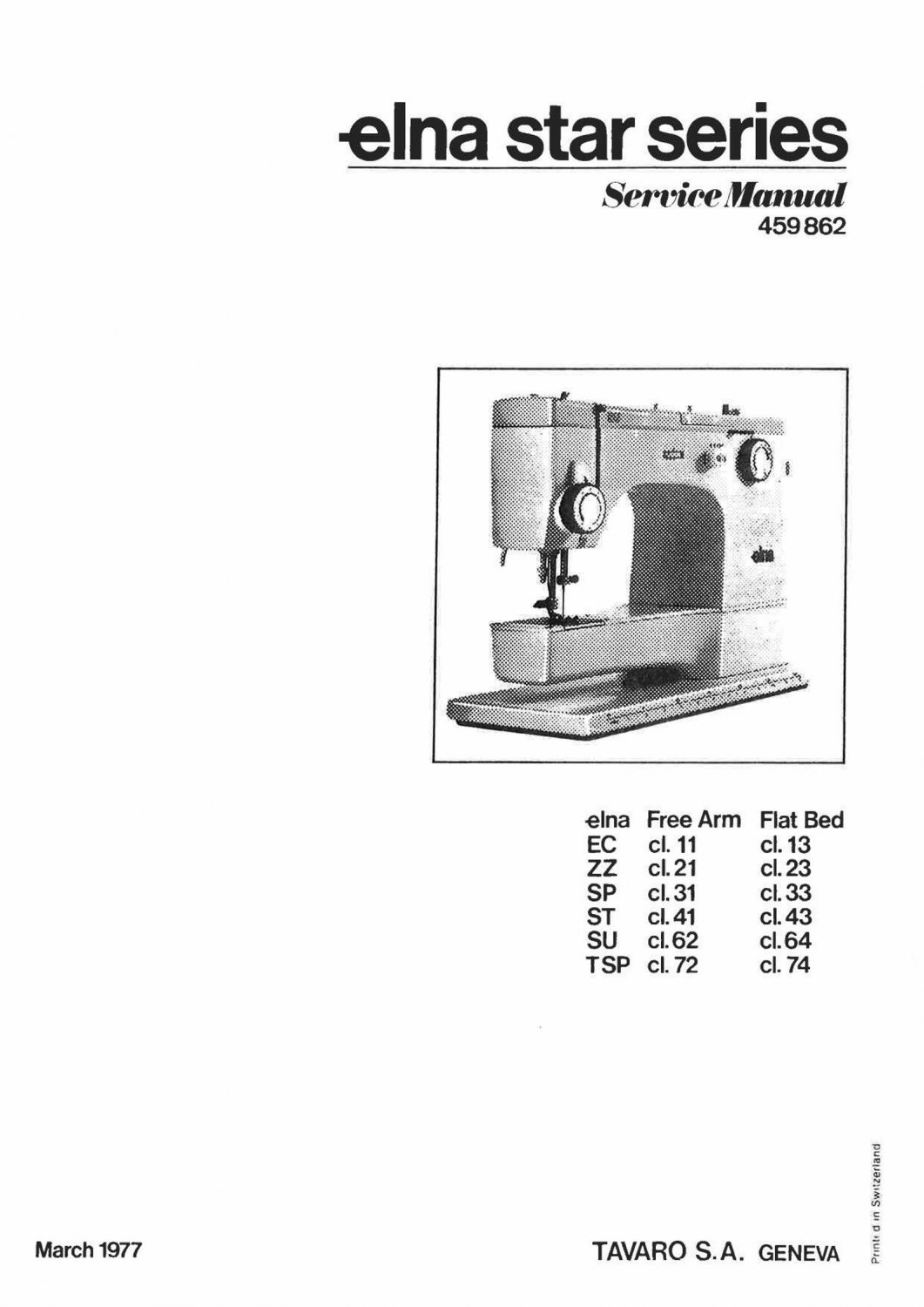Vintage Elna Star ec, zz, sp, st, su, tsp cl. 11, 21, 31, 41, 62, 72 Service / Repair Manual * PDF