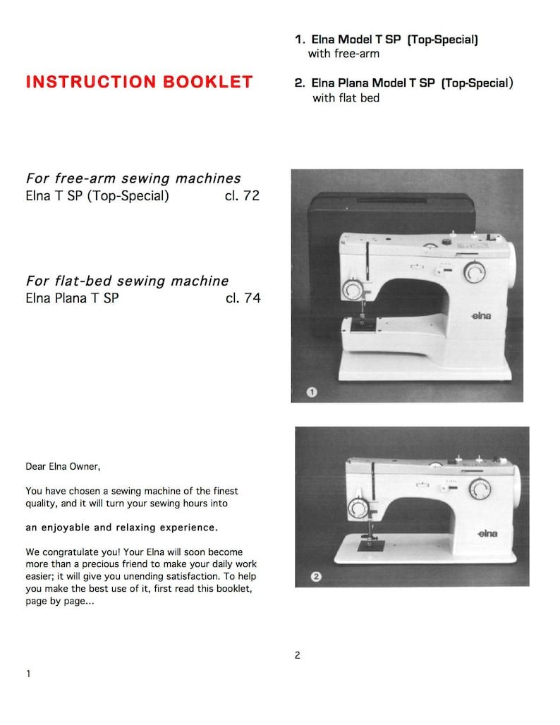 Instruction Operating Manual for Vintage Elna Star TSP cl. 72 and TSP PLANA cl. 74