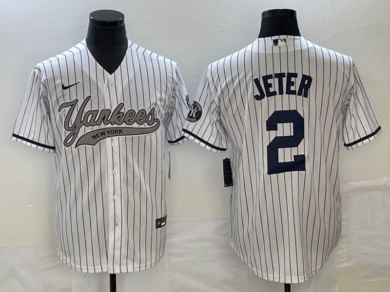 Derek Jeter Yankees White Stripes Fashion Replica Jersey