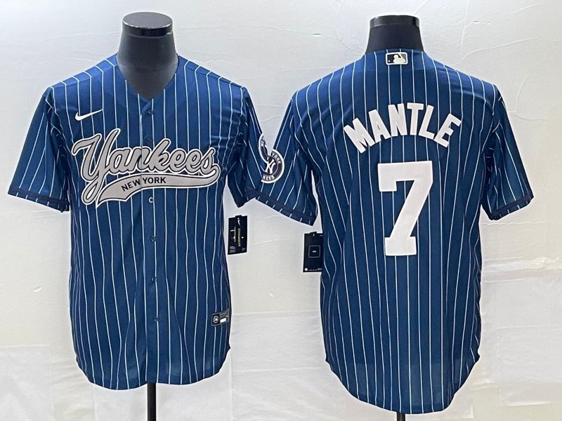 Mickey Mantle Yankees Navy Stripes Fashion Replica Jersey