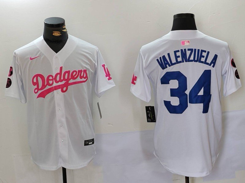 Fernando Valenzuela Dodgers White Pink Fashion Replica Jersey