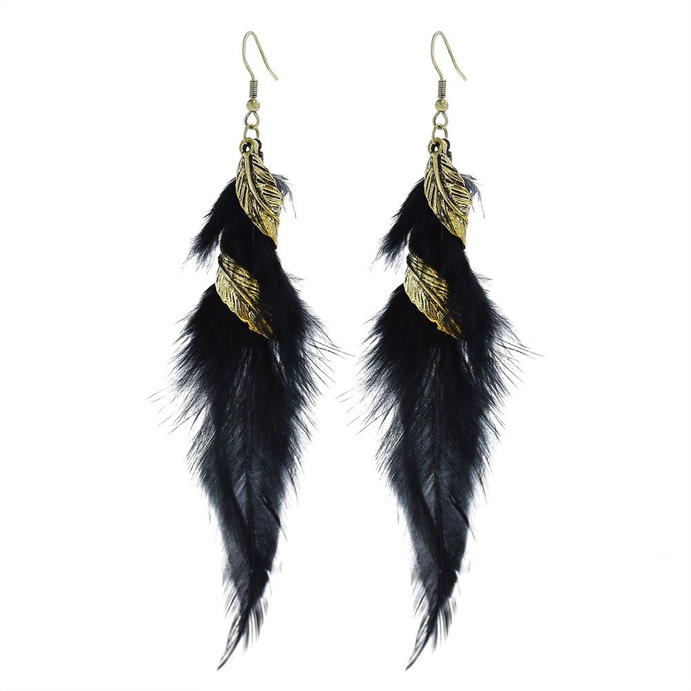 E1366 Retro Bohemian Bronze Leaf Feather Earrings for Girls and Women