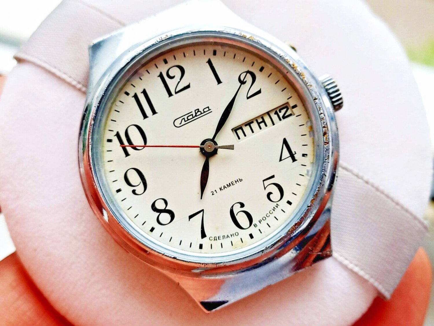 Wristwatch Slava in Chrome Large Case Vintage Wrist Men's Watch