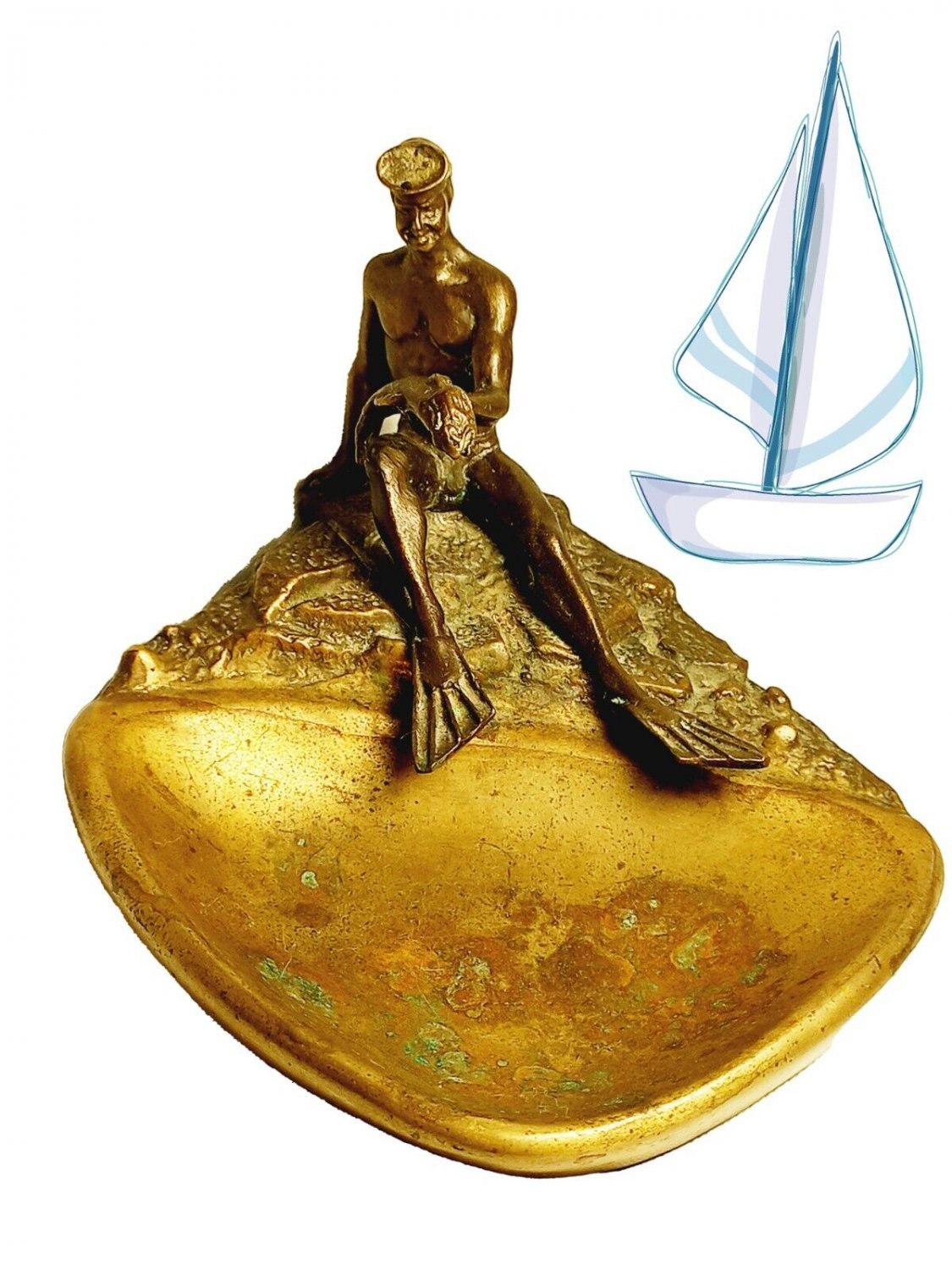 USSR Brass Ashtray Diver with Fish Soviet Rare Heavy Ashtray NIMOR